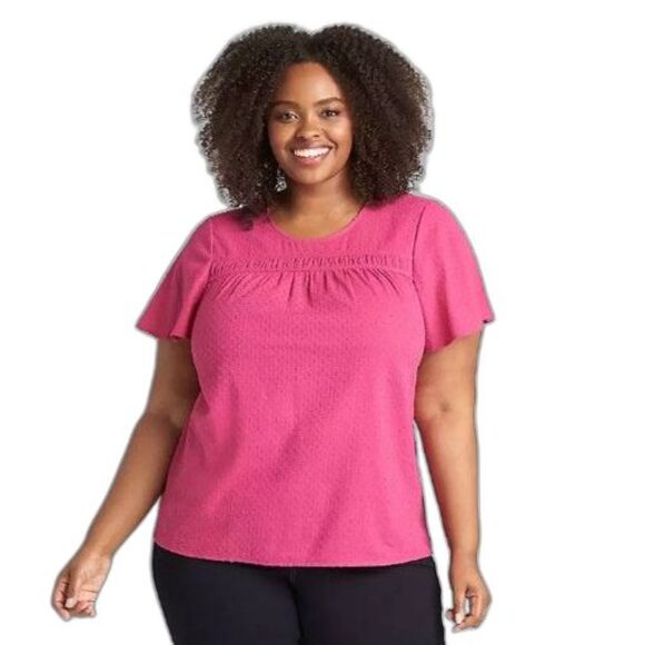 Lane Bryant Flutter-Sleeve Smock Detail Top, Fuchsia Pink, Woman 16, 100% Cotton - Picture 3 of 12